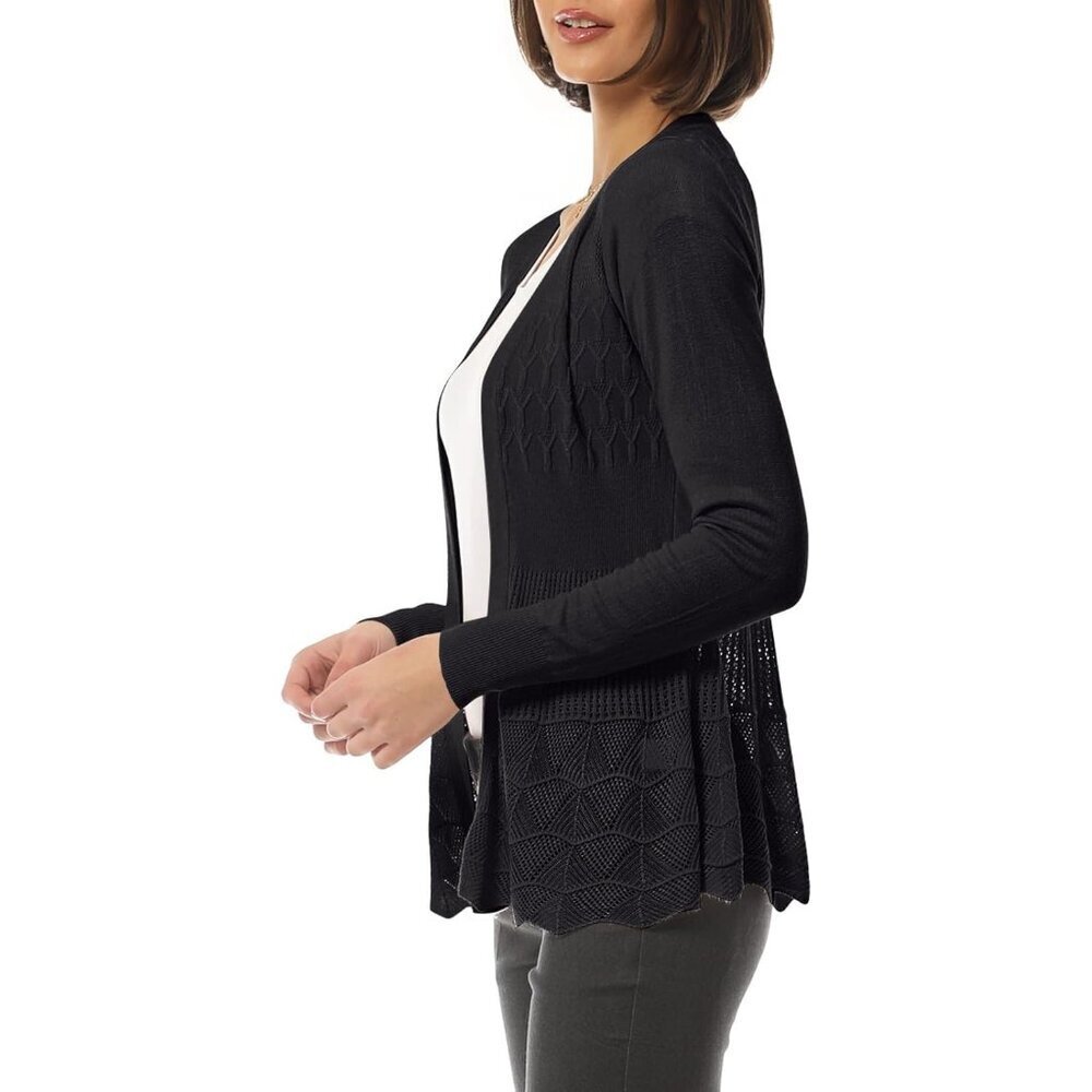 Women's Long Sleeve Crochet Knit Draped Open Cardigan Large Black - Picture 2 of 7